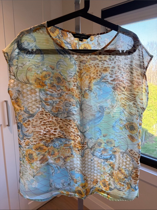 Mario Serrani Tops - Mario Serrani Sheer Floral & Abstract Print Blouse in Yellow and Blue
